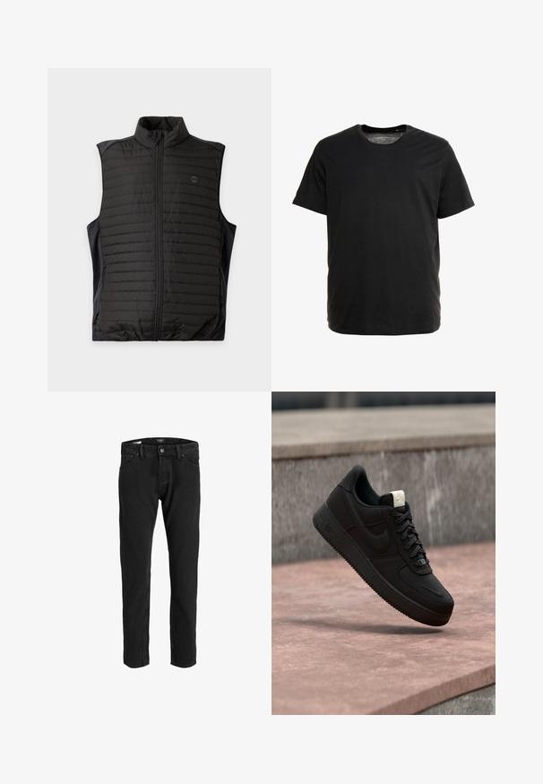 Zwarte doorgestikte mouwloze bodywarmer met rits aan de voorkant en opstaande kraag, plat weergegeven op een lichte achtergrond.; Zwarte t-shirt met korte mouwen, gemaakt van zachte stof, met een ronde hals en een rechte snit, zonder zichtbare patronen of graphics.; Zwarte spijkerbroek van denim met een recht pijpdesign, voorzien van een klassieke vijf-pocketstructuur, metalen knoopsluiting en een iets vervaagde afwerking.; Zwarte Nike Air Force 1 sneaker die boven een roze betonnen richel zweeft met een grijze stenen achtergrond, met zij- en bovenzijde details.
