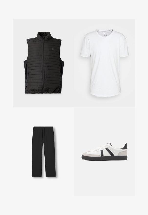 Sort quiltet ærmeløs vest med lynlås foran og ståkrave, vist fladt på en lys baggrund.; Hvid kortærmet T-shirt lavet af bomuld med en klassisk rund halsudskæring. Har en let buet kant og minimale syninger.; Sorte bukser med lige ben, elastisk talje og snøre, vist fladt på en hvid baggrund.; Hvide sneakers med sorte og grå detaljer, med en tekstureret grå tåhætte, sort gummisål og flade hvide snørebånd. Rent design, minimalistisk stil.