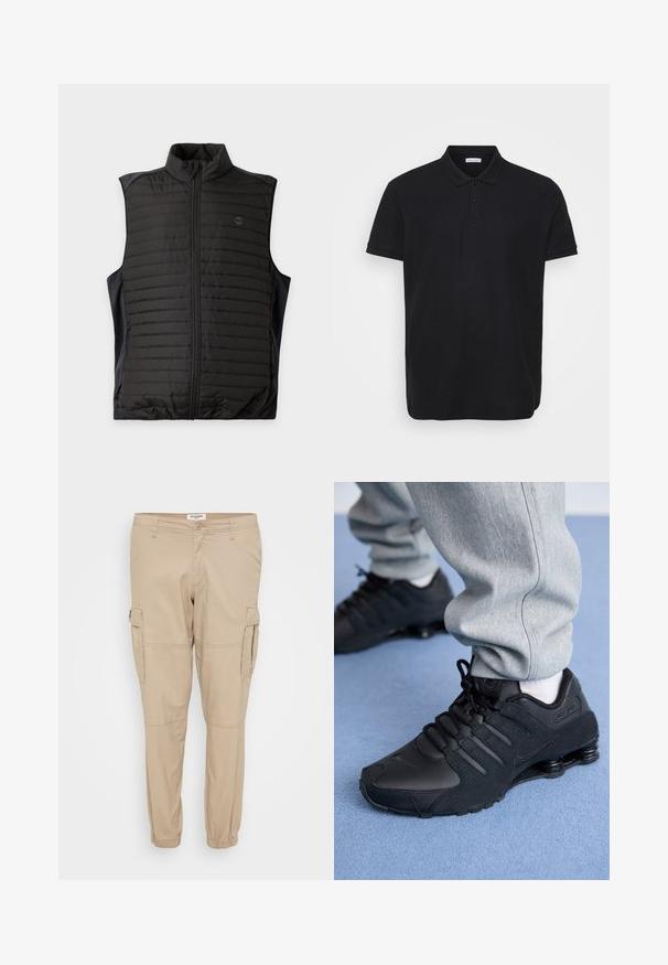 Sort quiltet ærmeløs vest med lynlås foran og ståkrave, vist fladt på en lys baggrund.; Sort polo shirt i ribbet tekstur, med klassisk krave, tre-knaps stolpe og diskret logo accent på venstre bryst.; Beige cargo bukser lavet af letvægtsstof, med tætsiddende ben, elastiske manchetter og sidelommer med klaplukninger til funktionalitet.; Person iført sorte Nike Shox sneakers og grå joggingbukser, der står på lyseblåt tæppe.
