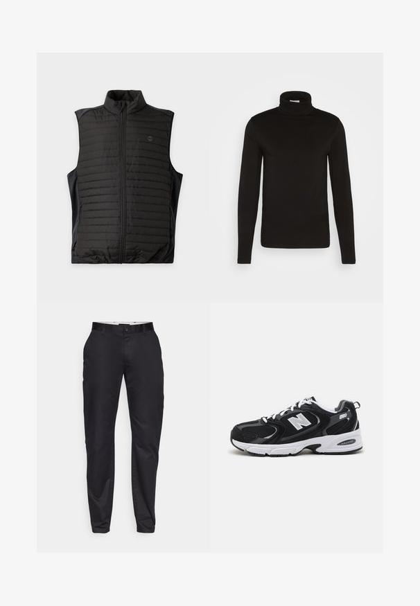 Sort quiltet ærmeløs vest med lynlås foran og ståkrave, vist fladt på en lys baggrund.; Sort turtleneck langærmet skjorte lavet af et glat stof med en tætsiddende design og en høj, tætsiddende krave. Ingen mønstre eller accenter synlige.; Sorte bukser med en tætsiddende pasform, der har flad front, bæltestropper og en enkelt knaplukning. Glat stof med minimal glans.; Sorte og grå sportssko med mesh og ruskind på overdelen, der har en hvid mellemsål, snørebånd og et iøjnefaldende "N" logo på siden.