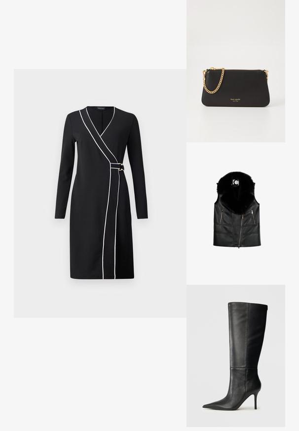 Schwarze Lederweste mit einem Kragen aus Kunstfell, ausgestattet mit Reißverschlusstaschen und einem taillierten Design, das strukturierte Nahtdetails hervorhebt.; Schwarzes Wickelkleid mit langen Ärmeln, weißer Paspelierung entlang der Vorderseite und Akzenten aus goldfarbenem Metall. Glattes, gewebtes Material, knielanges Design.; Schwarze Lederstiefel bis zum Knie mit spitzem Zehenbereich und schlankem Stiletto-Absatz, glatte Textur, Seitenansicht auf neutralem Hintergrund.; Schwarze Leder-Clutch mit einer goldenen Kettenriemen. Verfügt über einen Reißverschluss und den eingeprägten Markennamen in Gold auf der Vorderseite. Glatte Textur, rechteckige Form.