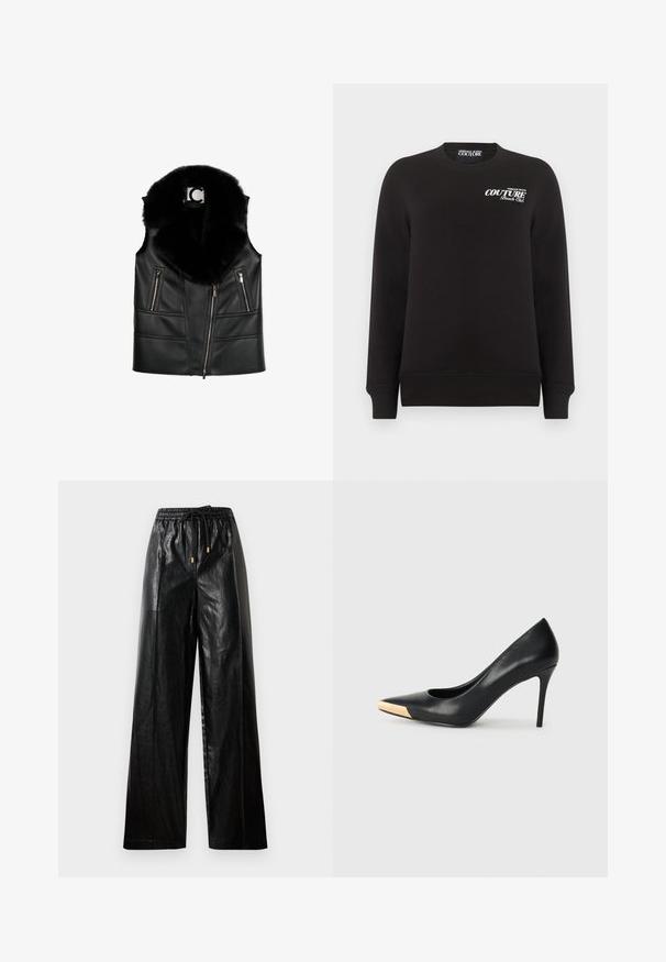 Zwarte leren vest met een faux fur kraag, voorzien van ritszakken en een getailleerd ontwerp, met gestructureerde stikseldetails.; Zwarte lange mouwen crewneck trui met witte tekst "Versace Jeans Couture Beach Club" op de bovenste linkerborst.; Zwarte leren wijde broek met een elastische tailleband, koord, en gouden hardware accenten. Heeft een gladde textuur en een losse pasvorm.; Zwarte leren hoge hak pump met een spitse neus; heeft een metallic gouden accent op de neuskap. Glad oppervlak met een stijlvolle vormgeving.