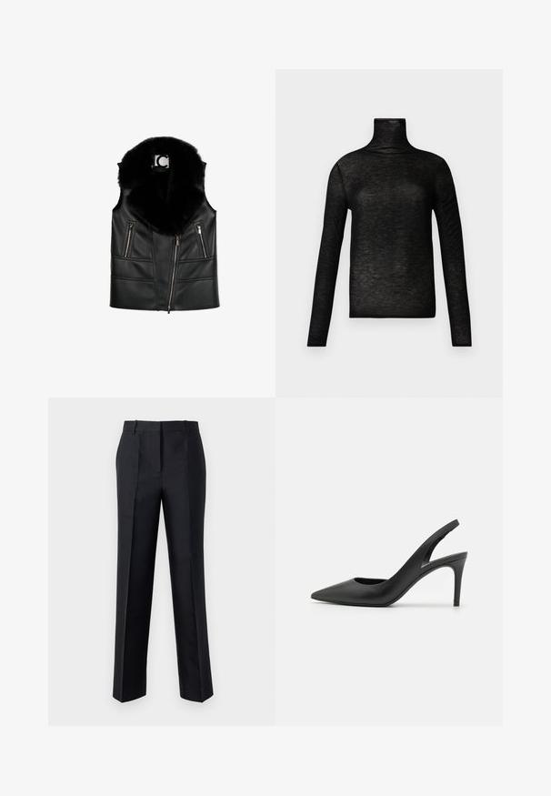Schwarze Lederweste mit einem Kragen aus Kunstfell, ausgestattet mit Reißverschlusstaschen und einem taillierten Design, das strukturierte Nahtdetails hervorhebt.; Schwarzer Rollkragenpullover aus leichtem, strukturiertem Stoff mit langen Ärmeln und enger Passform. Glatter, minimalistischer Stil, ohne Muster.; Schwarze Hose mit geradem Schnitt, glatter Textur und unsichtbarem Reißverschluss. Mit Falten für zusätzlichen Stil und einen maßgeschneiderten Look.; Schwarze Leder Slingback High Heels mit einem spitzen Zehendesign, das an der Vorderseite ein Ausschnitt hat und einen dünnen Stilettoblock.