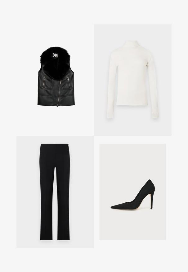 Schwarze Lederweste mit einem Kragen aus Kunstfell, ausgestattet mit Reißverschlusstaschen und einem taillierten Design, das strukturierte Nahtdetails hervorhebt.; Langärmliges Rollkragenoberteil in Off-White aus weichem Stoff. Es hat eine figurbetonte Passform und einen hohen Kragen. Glatte Oberfläche ohne Muster.; Schwarze, gerade geschnittene Damenhose mit mittelhoher Taille und vorderer Naht, vor einfachem hellem Hintergrund präsentiert.; Schwarzer, spitz zulaufender Stiletto-Pump mit dünnem Absatz, seitlich auf weißem Hintergrund fotografiert.