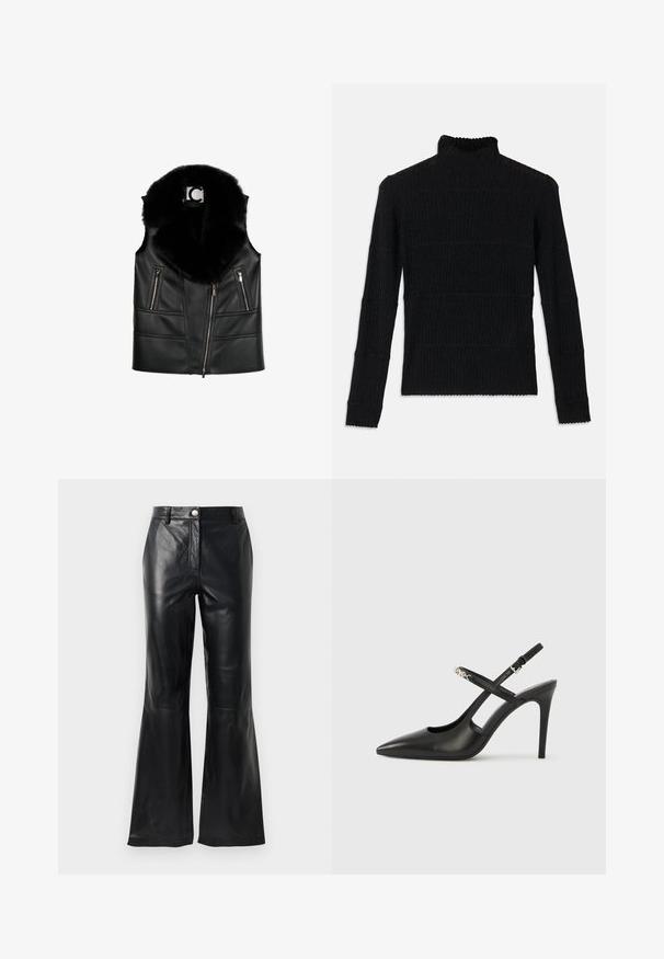 Schwarze Lederweste mit einem Kragen aus Kunstfell, ausgestattet mit Reißverschlusstaschen und einem taillierten Design, das strukturierte Nahtdetails hervorhebt.; Schwarzer gerippter Rollkragenpullover mit langen Ärmeln und einer strukturierten Oberfläche. Mit horizontalen Streifen und einem wellenförmigen Abschluss an den Ärmeln.; Schwarze Kunstlederhosen mit hoher Taille, Knopfverschluss, Gürtelschlaufen und ausgestellten Beinen vor einem weißen Hintergrund.; Schwarze Slingback-Pumps aus Leder mit spitz zulaufender Spitze, Cut-Out-Design und verstellbarem Riemen mit metallischem Beschlag.