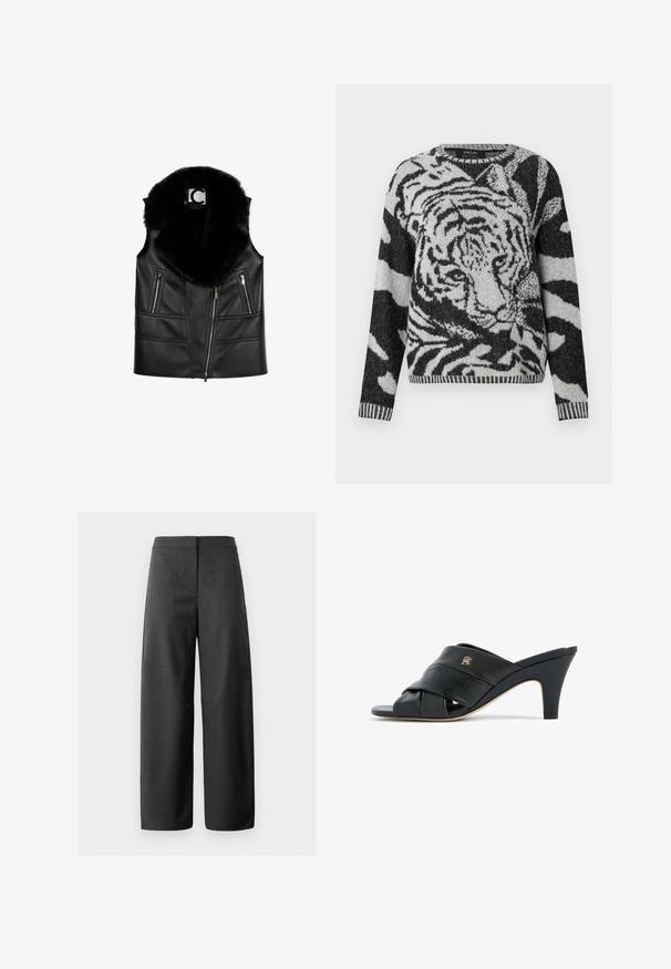 Schwarze Lederweste mit einem Kragen aus Kunstfell, ausgestattet mit Reißverschlusstaschen und einem taillierten Design, das strukturierte Nahtdetails hervorhebt.; Schwarz-weiß gestrickter Pullover mit Tiger-Motiv, rundem Ausschnitt, langen Ärmeln und geripptem Saum mit strukturiertem Muster.; weite Hosen aus dunkelgrauem Stoff, mit flachem Bund, glatter Oberfläche und ohne sichtbare Taschen oder Verzierungen.; Schwarzer, offener Leder-Pantolette mit Absatz, gekreuzten Riemen und kleinem metallischem Logo an der Seite, mittelhoher, verjüngter Absatz, beige Sohle.