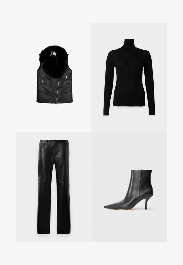 Sort lædervest med en faux fur krave, der har lynlåslommer og en tætsiddende design, som fremhæver strukturerede syningsdetaljer.; Sort ribbet langærmet rullekravesweater med tætsiddende silhuet på ensfarvet hvid baggrund.; Sorte læderbukser med lige snit, udstyret med en knap ved taljen, fem lommer og synlige sømme langs sømmene.; Sorte læder ankelstøvler med spids tå, slank stiletto hæl og en glat, elegant finish. Lynlåsdetalje bagpå.