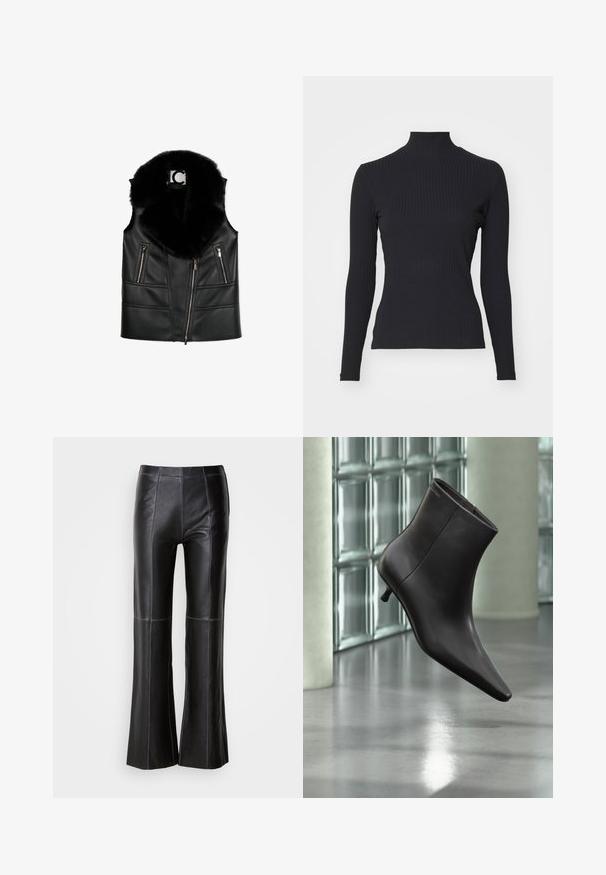 Schwarze Lederweste mit einem Kragen aus Kunstfell, ausgestattet mit Reißverschlusstaschen und einem taillierten Design, das strukturierte Nahtdetails hervorhebt.; Schwarzes, geripptes Rollkragenoberteil mit langen Ärmeln. Aus dehnbarem Stoff mit figurbetonter Passform und hohem Kragen. Einfaches Design ohne Verzierungen.; Schwarze Lederhosen mit ausgestelltem Bein, kontrastierenden blauen Nähten, glatter Textur, hoher Taille und figurbetontem Schnitt.; Schwarzer Leder-Knöchelstiefel mit spitzer Spitze und kleinem Absatz vor einer Wand aus Glasbausteinen und einem polierten Boden.