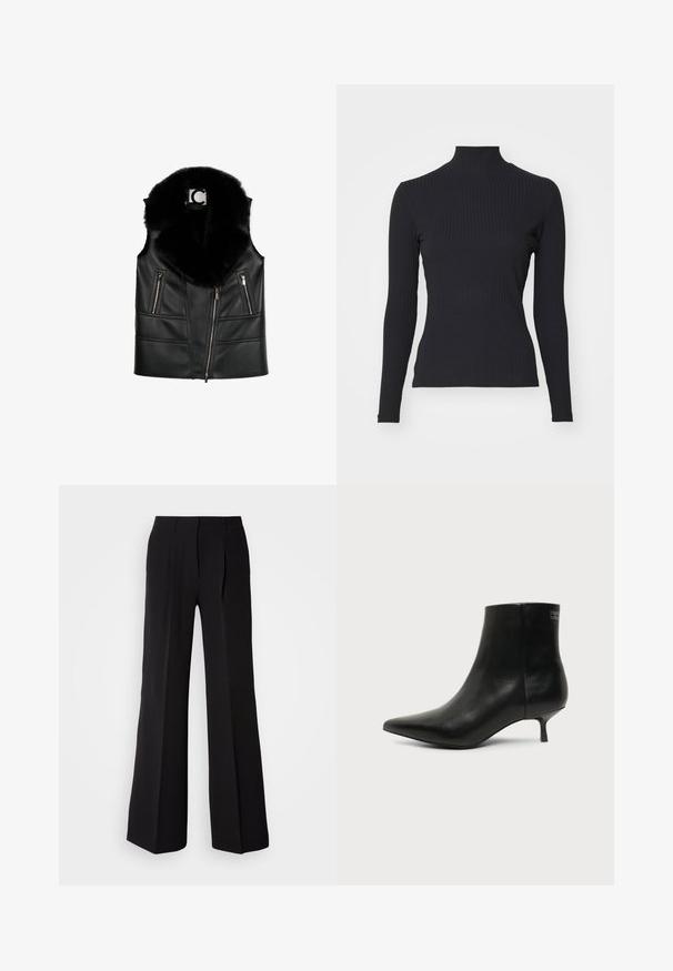 Schwarze Lederweste mit einem Kragen aus Kunstfell, ausgestattet mit Reißverschlusstaschen und einem taillierten Design, das strukturierte Nahtdetails hervorhebt.; Schwarzes, geripptes Rollkragenoberteil mit langen Ärmeln. Aus dehnbarem Stoff mit figurbetonter Passform und hohem Kragen. Einfaches Design ohne Verzierungen.; Schwarze Hose aus glattem Stoff, mit hohem Bund, weitem Schnitt und zwei vorderen Falten für zusätzlichen Designakzent.; Schwarzer Leder-Knöchel-Stiefel mit spitzer Spitze und niedrigem Kittenabsatz vor hellem Hintergrund, seitliche Ansicht.