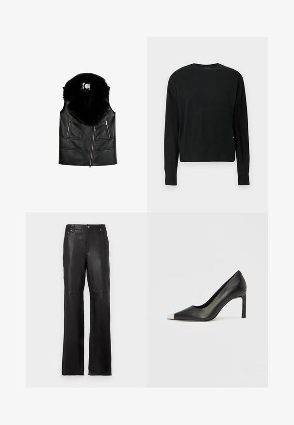 Sort lædervest med en faux fur krave, der har lynlåslommer og en tætsiddende design, som fremhæver strukturerede syningsdetaljer.; Sort strikket sweater med lange ærmer, rund halsudskæring, ribbet kant og manchetter, med diskret branding i guld på den nederste side.; Sorte læderbukser med lige ben-design, forlommer og metallic knapdetaljer. Glat tekstur med rene syninger.; Sort læder højhælet sko med spids tå og metal-sølv hætte. Har en glat finish og en slank hæl på 10 cm.