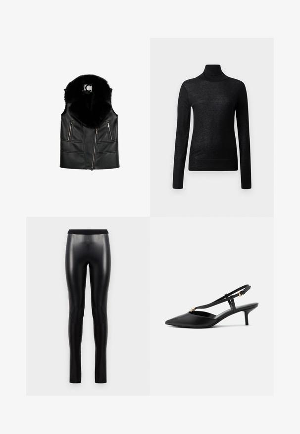 Schwarze Lederweste mit einem Kragen aus Kunstfell, ausgestattet mit Reißverschlusstaschen und einem taillierten Design, das strukturierte Nahtdetails hervorhebt.; Schwarzes Langarm-Turtleneck-Oberteil aus leichtem Stoff, mit taillierter Passform und minimalen Nahtdetails, ideal zum Lagenlook.; Schwarze Leggings aus Kunstleder mit glatter Textur, figurbetontem Schnitt und breitem Bund. Keine sichtbaren Nähte oder Muster.; Schwarzer Leder-Slingback-Kitten-Heel mit spitz zulaufender Spitze, schlankem T-Riemen, verstellbarer Schnalle und kleiner goldener Verzierung am Riemen.