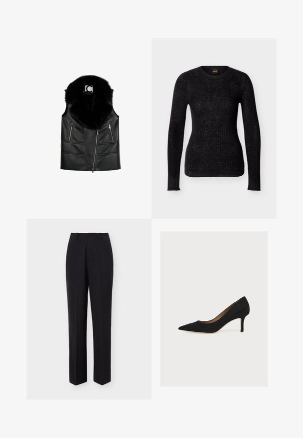 Gilet en cuir noir avec col en fausse fourrure, doté de poches zippées et d'un design ajusté, mettant en valeur des détails de couture structurés.; Pull noir à manches longues en maille côtelée avec encolure ronde, coupe slim et motif de texture subtil.; Pantalon noir droit et ajusté avec passants pour ceinture et plis centrés à l'avant, présenté sur un fond blanc uni.; Escarpin en daim noir à bout pointu, talon aiguille de hauteur moyenne et semelle intérieure beige sur fond clair.