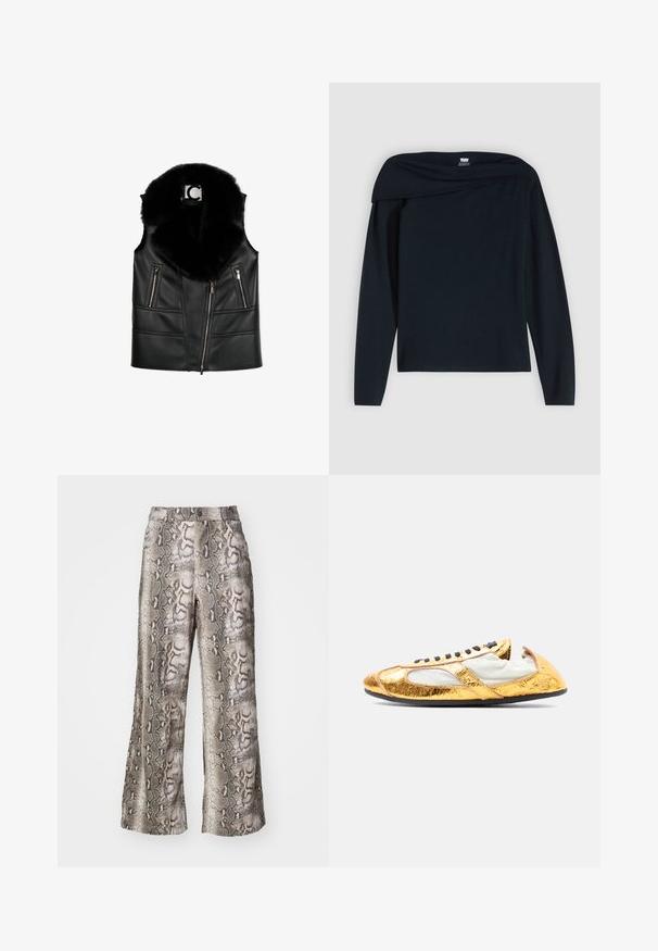 Sort lædervest med en faux fur krave, der har lynlåslommer og en tætsiddende design, som fremhæver strukturerede syningsdetaljer.; Sort langærmet top med off-shoulder design, glat tekstur og minimalistisk stil. Har rund halsudskæring og tætsiddende silhuet.; Bredde ben bukser i slangeprint, med en blanding af grå, brun og beige nuancer, lavet af glat stof med en let glans.; Guldmetallic sneaker med sorte snørebånd og blødt hvidt stofindvendigt, vist fra siden på en ensfarvet hvid baggrund.