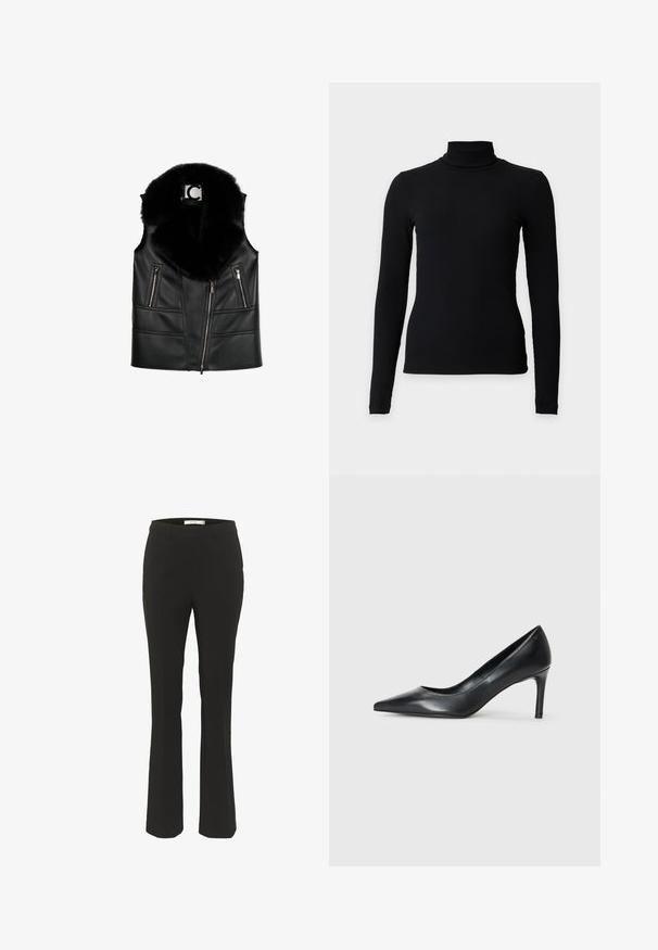 Schwarze Lederweste mit einem Kragen aus Kunstfell, ausgestattet mit Reißverschlusstaschen und einem taillierten Design, das strukturierte Nahtdetails hervorhebt.; Schwarzes langärmeliges, geripptes Rollkragentop mit figurbetonter Silhouette vor schlichtem hellem Hintergrund.; Schwarze, taillierte Hose mit einem schlanken Schnitt, weitem Saum, flachem Vorderteil und ohne sichtbare Taschen. Hergestellt aus glattem Stoff mit minimalen Nähten.; Schwarze Leder-Pumps mit spitzem Zehenbereich und schmalem Absatz, glatter Textur und ohne sichtbare Verzierungen. Sauberes Design mit minimalistischem Ästhetik.