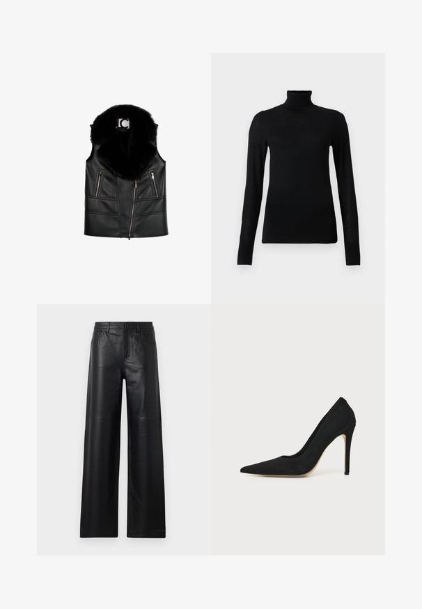 Sort lædervest med en faux fur krave, der har lynlåslommer og en tætsiddende design, som fremhæver strukturerede syningsdetaljer.; Sort turtleneck sweater lavet af blødt, letvægtsmateriale. Har lange ærmer og en tætsiddende stil med høj krave.; Bredde ben sorte læderbukser med en glat tekstur, der har frontlommer, knaplukning og subtile syninger.; Sort højhælet stiletpump med spids tå og glat tekstur, vist fra siden på en ensfarvet lys baggrund.