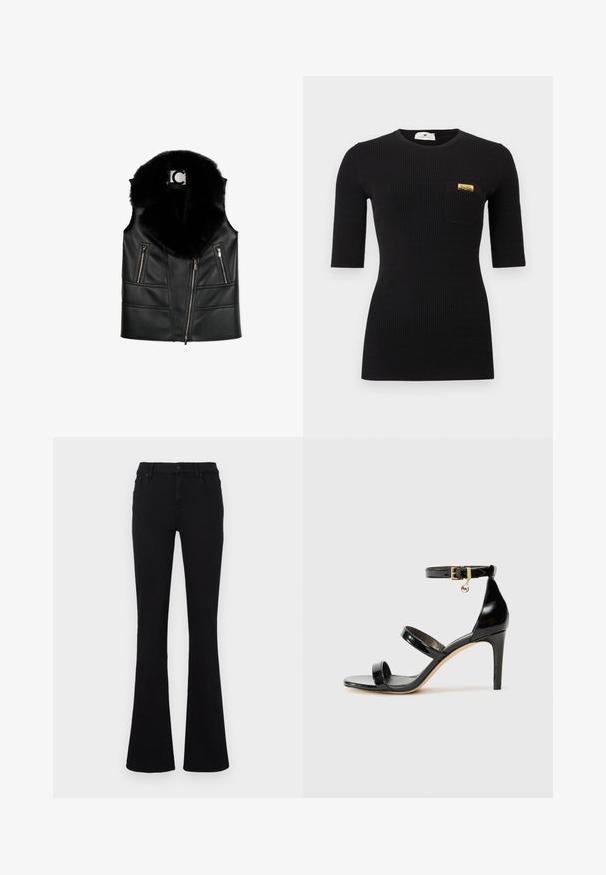 Gilet en cuir noir avec col en fausse fourrure, doté de poches zippées et d'un design ajusté, mettant en valeur des détails de couture structurés.; T-shirt noir côtelé à manches courtes avec un col rond et une poche poitrine gauche ornée d'un détail doré. Texture douce sur toute la surface.; Jean noir évasé en tissu mélange de coton. Il possède une fermeture à boutons, des passants pour ceinture et des poches avant. Texture lisse avec une légère élasticité.; Sandale en cuir verni noir avec trois brides, boucle de cheville et talon aiguille de 10 cm. Présente un détail en métal doré et un charm logo.