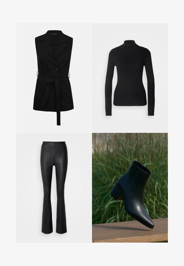 Veste blazer sans manches noire avec col à revers, double boutonnage, ceinture à nouer à la taille et poches latérales, vue de face sur fond blanc.; Pull à col roulé noir en maille légère. Il possède des manches longues, une coupe ajustée et une texture côtelée douce.; Pantalons évasés noirs en simili cuir lisse, dotés d'une taille haute et de coutures au-dessus du genou.; Bottine noire en cuir avec talon bloc, bout pointu, présentée au-dessus d'une surface en bois avec un fond flou d'herbe verte.