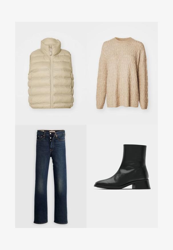 Beige puffervest med høj krave, frontlynlås og vandret quiltet mønster. Blødt, letvægtigt stof med minimal udsmykning.; Beige strikket sweater med et tekstureret kabeldesign, rund halsudskæring og lange ærmer. Stoffet ser blødt og chunky ud.; Mørkeblå denimjeans med lige ben, fem lommer, knapgylp og diskret falmning ved lårene. Klassiske syningsdetaljer.; Sort ankelstøvle lavet af blank læder, med et strømlinet design, spids tå og en moderat blokhælhøjde for stabilitet.