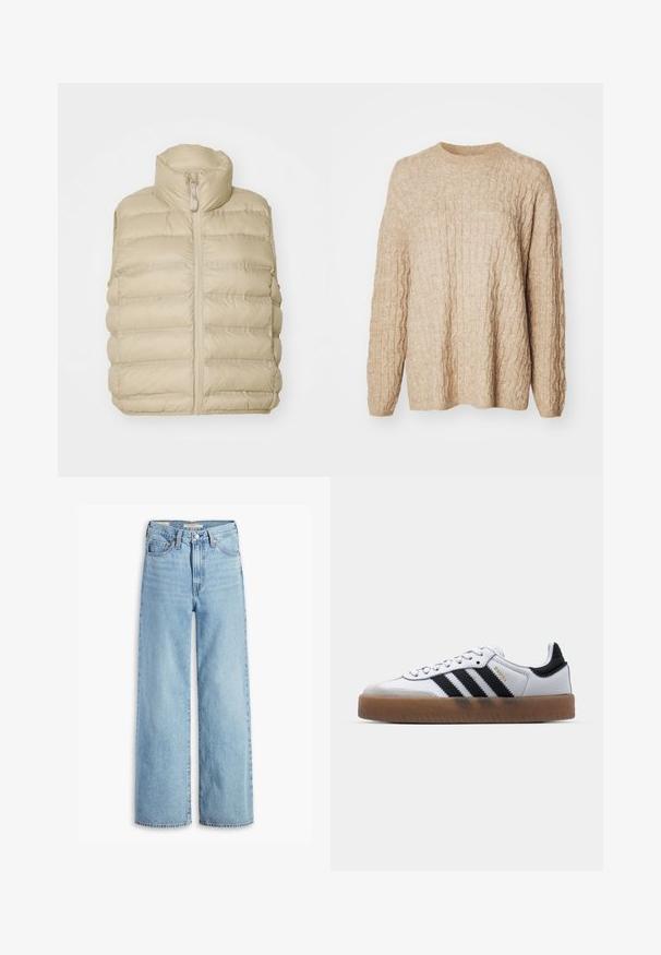 Beige puffervest med høj krave, frontlynlås og vandret quiltet mønster. Blødt, letvægtigt stof med minimal udsmykning.; Beige strikket sweater med et tekstureret kabeldesign, rund halsudskæring og lange ærmer. Stoffet ser blødt og chunky ud.; Højtaljede, lyseblå, vide bukser med knap og lynlås fortil, bæltestropper og fem lomme-stil.; Hvide lædersneakers med sorte striber, gummirubber sål, rund tå, snørelukning og blød grå ruskinds tåhætte.