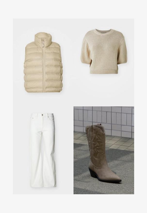 Beige puffervest med høj krave, frontlynlås og vandret quiltet mønster. Blødt, letvægtigt stof med minimal udsmykning.; Beige strikket kortærmet sweater med rund hals. Har en struktureret pasform med tekstureret, løst væv og ribbede kanter.; Hvide jeans med høj talje og lige ben, med forreste knap, lynlåslukning samt sidelommer og baglommer, mod en ensartet lys baggrund.; Høj, beige cowboystøvle i ruskind med dekorative syninger og nitteaccenter, med spids snude og skråsort hæl på fortovet.