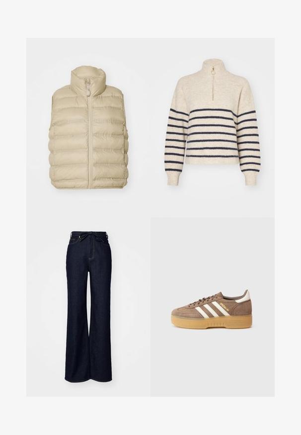 Beige puffervest med høj krave, frontlynlås og vandret quiltet mønster. Blødt, letvægtigt stof med minimal udsmykning.; Beige sweater med marineblå vandrette striber, høj krave og halv-zip lukning. Fremstillet af et tekstureret strikket stof med ribbede manchetter.; Mørkeblå brede bukser lavet af denim, med høj talje, forlommer og en bindebåndslukning i taljen.; Brun ruskindsneaker med tre hvide striber, gylden branding og en struktureret gummisål. Rundet tå og polstret krave for komfort.