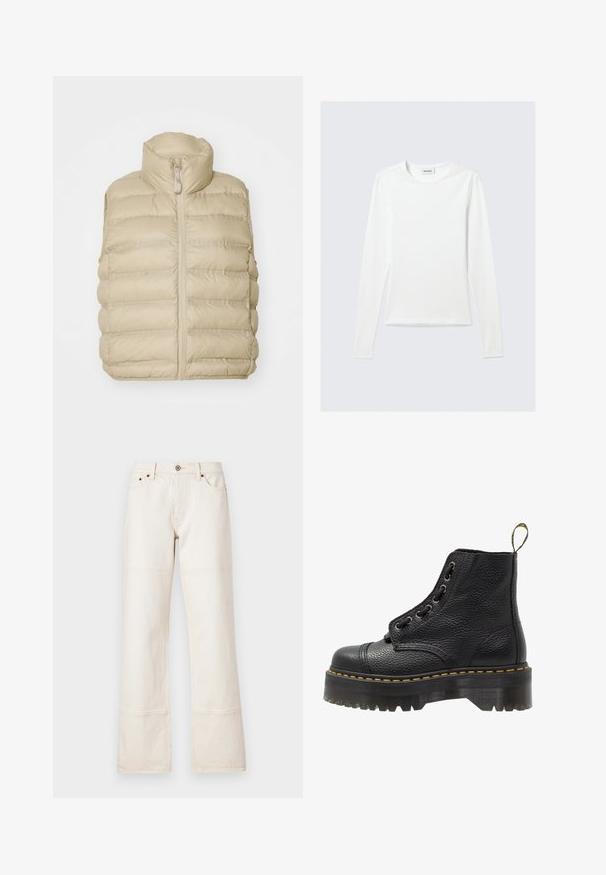 Beige puffervest med høj krave, frontlynlås og vandret quiltet mønster. Blødt, letvægtigt stof med minimal udsmykning.; Langærmet, enkel hvid T-shirt med rund halsudskæring og tætsiddende pasform, vist mod en lysegrå baggrund.; Viddebenede, høj talje jeans lavet af beige denim. Har lommer, en front knaplukning og kontrasterende syninger langs sømmene.; Sorte læder ankelstøvler med tekstureret overflade, rund tå, snørebåndsdesign, gule stikninger og en tyk, rillet sort platformsål.