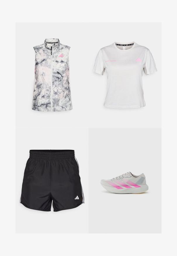 Ærmeløs løbevest i et gråligt og pink abstrakt mønster, med høj krave, en frontlynlås og en lille brystlomme.; Lys grå T-shirt med korte ærmer, der har en rund hals, "ADIDAS RUNNING" trykt i pink, med pink Adidas-logo på brystet. Blød stoftekstur.; Sort atletiske shorts med elastisk talje, sideslids og hvide tre-stribes detaljer. Har et lille hvidt logo nederst til højre.; Lysegrå løbesko med pink gradientstriber, rund tå, tekstureret overdel og flad sål med diskrete accenter og logodetaljer.
