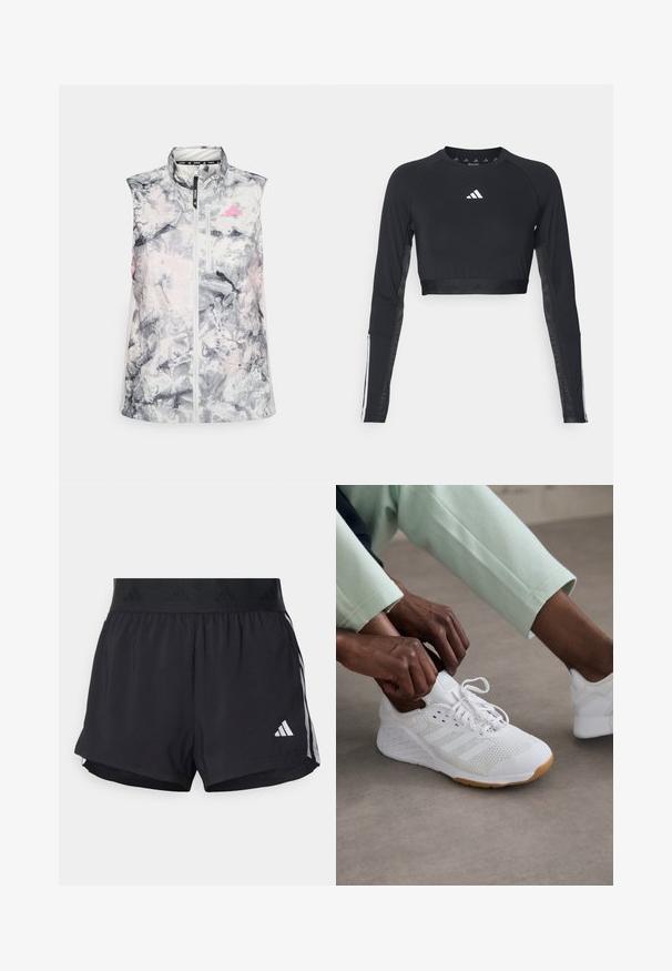 Gilet de course sans manches dans un motif abstrait gris et rose, présentant un col montant, une fermeture éclair à l'avant et une petite poche poitrine.; Haut d'entraînement noir à manches longues et coupé, en tissu lisse. Présente un logo blanc sur la poitrine et des accents rayés sur les manches.; Shorts de sport noirs avec une taille élastique, dotés d'une bande texturée, de rayures sur les côtés, et d'un logo Adidas blanc sur l'ourlet inférieur.; Chaussure de sport blanche avec une tige en maille, semelle en caoutchouc et un design à trois bandes. Les lacets sont en train d'être ajustés ; des vêtements gris clair et vert menthe sont visibles.