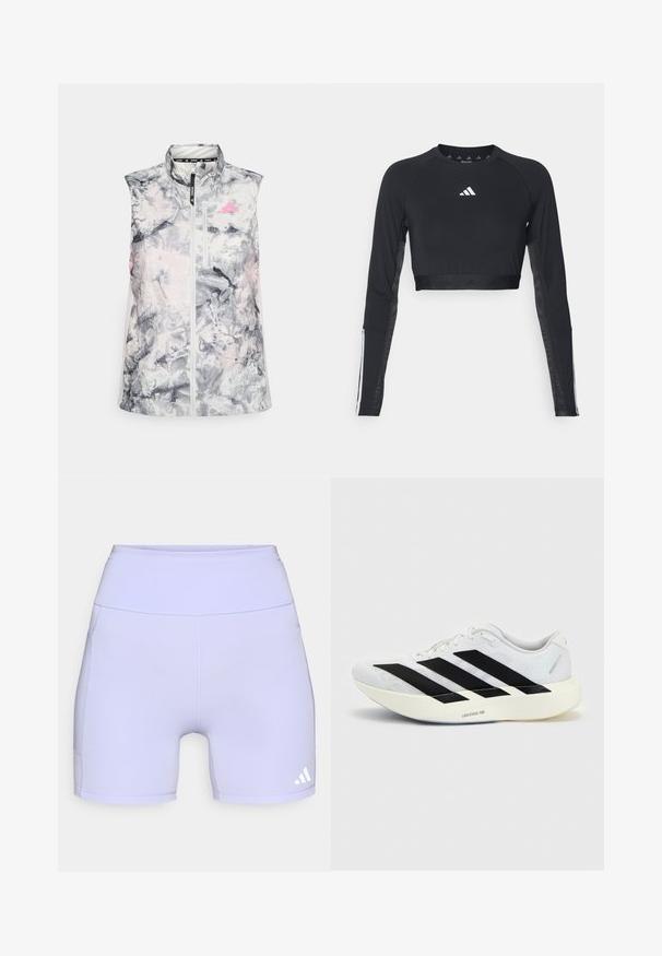 Ærmeløs løbevest i et gråligt og pink abstrakt mønster, med høj krave, en frontlynlås og en lille brystlomme.; Sort cropped træningstop med lange ærmer lavet af glat stof. Har et hvidt logo på brystet og stribede detaljer på ærmerne.; Lilla sportsbukser lavet af strækbart stof, med en høj talje og sidesømme, samt en hvid logoaccent på den nederste side.; Hvid løbesko med sort tre-stribet design på siden og tyk hvid sål mærket "Lightstrike Pro" på ensfarvet baggrund.