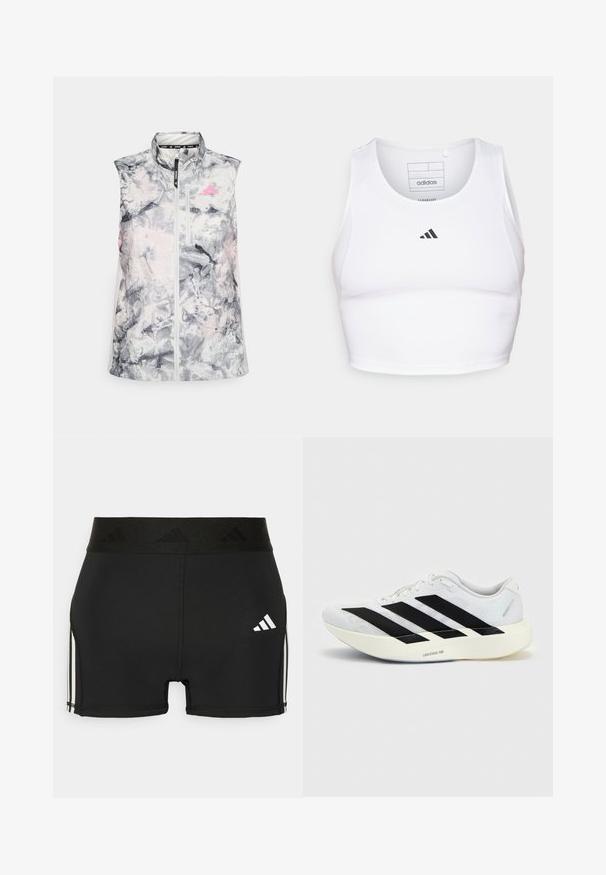 Ærmeløs løbevest i et gråligt og pink abstrakt mønster, med høj krave, en frontlynlås og en lille brystlomme.; Hvid atletisk crop top lavet af letvægts, åndbart stof. Har mesh-sider og sort broderet logo på brystet.; Sorte atletiske shorts lavet af strækbart materiale. Har en bred sort talje med præget logo og hvide sidestriber.; Hvid løbesko med sort tre-stribet design på siden og tyk hvid sål mærket "Lightstrike Pro" på ensfarvet baggrund.