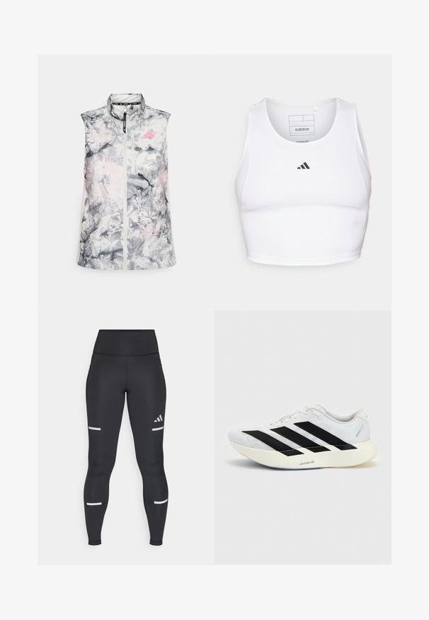 Ærmeløs løbevest i et gråligt og pink abstrakt mønster, med høj krave, en frontlynlås og en lille brystlomme.; Hvid atletisk crop top lavet af letvægts, åndbart stof. Har mesh-sider og sort broderet logo på brystet.; Sorte leggings med høj talje, lavet af glat materiale. Har hvide reflekterende striber nær knæene og et Adidas-logo.; Hvid løbesko med sort tre-stribet design på siden og tyk hvid sål mærket "Lightstrike Pro" på ensfarvet baggrund.