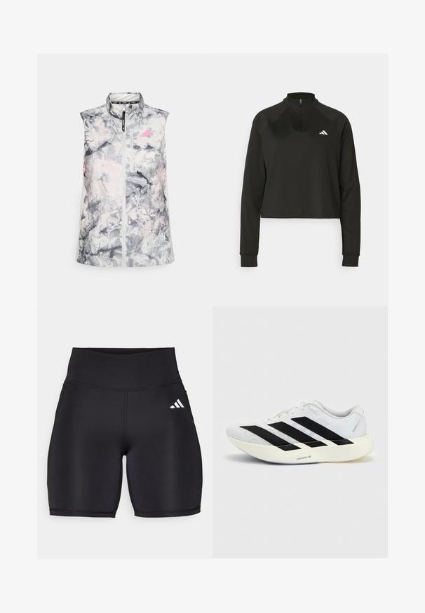 Gilet de course sans manches dans un motif abstrait gris et rose, présentant un col montant, une fermeture éclair à l'avant et une petite poche poitrine.; Pull-over noir à zip quart, en tissu lisse, avec des manches longues, présentant un col haut et un logo blanc sur la poitrine gauche.; Shorts de sport noirs en tissu extensible, dotés d'une taille haute, d'une texture lisse et d'un logo à trois bandes blanches sur le côté.; Chaussure de running blanche avec motif trois bandes noires sur le côté et semelle blanche épaisse étiquetée "Lightstrike Pro" sur fond uni.