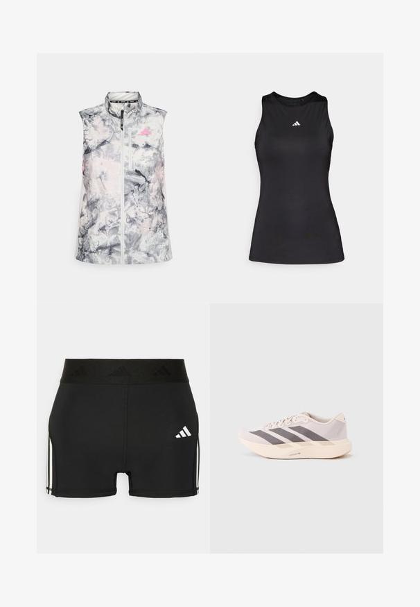 Ærmeløs løbevest i et gråligt og pink abstrakt mønster, med høj krave, en frontlynlås og en lille brystlomme.; Sort ærmeløs atletisk top lavet af glat stof. Har en rund halsudskæring og et lille hvidt Adidas-logo på brystet.; Sorte atletiske shorts lavet af strækbart materiale. Har en bred sort talje med præget logo og hvide sidestriber.; Letvægts atletiksneakers i lyserød og grå, med en mesh-overdel, tre mørke striber og en tyk cremefarvet sål mærket "LIGHTSTRIKE PRO."