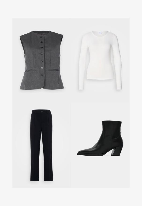 Chaleco sin mangas gris hecho de tejido texturizado, con un escote redondo, seis botones negros y dos bolsillos frontales con un detalle de piping.; Camisa blanca de manga larga hecha de una tela suave y lisa; presenta un cuello redondo y una forma ajustada, sin patrones ni adornos.; Pantalones negros con un diseño de pierna recta, que cuentan con pliegues delanteros y un cierre de botón, confeccionados en una tela suave. Líneas limpias en toda la prenda.; Bota de tobillo de cuero negro con punta afilada, una silueta elegante y un tacón cuadrado grueso. Textura suave con detalles de costura mínimos.
