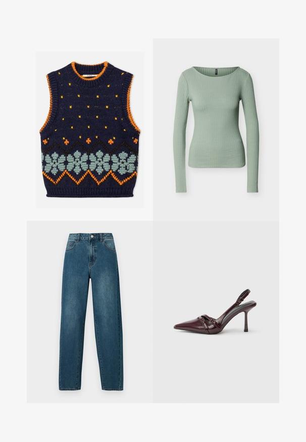 Veste sans manches en tricot bleu marine avec bordure orange, points jaunes et une bande décorative de fleurs bleu clair et zigzags orange sur le devant.; Haut ajusté à manches longues côtelé de couleur vert clair avec un col rond, présenté sur un fond blanc uni.; Jean en denim bleu foncé avec une coupe décontractée, design à cinq poches et détails de couture visibles. Le tissu est texturé et légèrement délavé.; Escarpin slingback en cuir verni bordeaux avec bout pointu, fine bride à la cheville et petit détail décoratif de boucle. Texture lisse et talon haut.