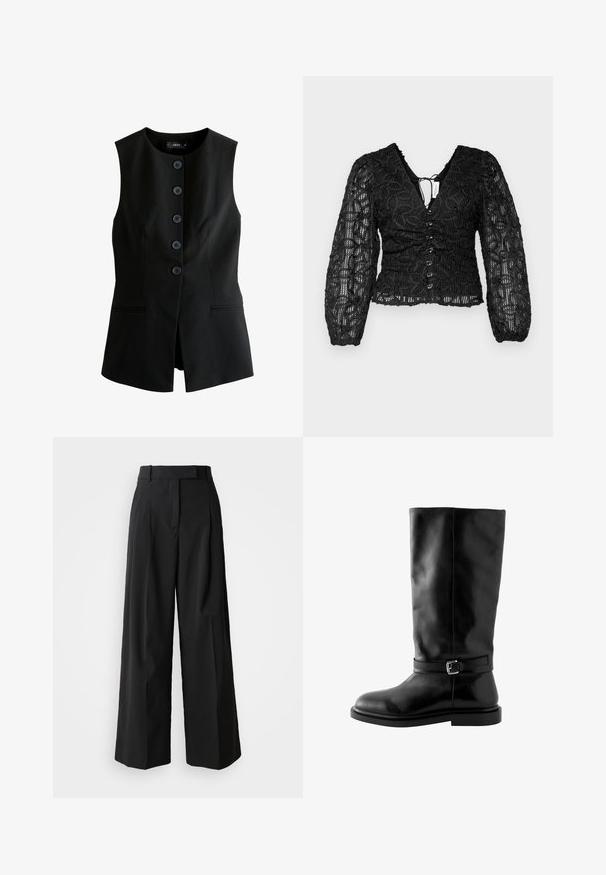 Gilet noir sans manches à boutons, encolure ronde et deux poches horizontales devant, coupe ajustée.; Hofmann Copenhagen JULY TOP - Blouse - black; Pantalons noirs à jambe large en tissu lisse avec une taille haute, dotés de deux plis frontaux et d'une coupe ajustée.; Botte noire en cuir, arriva à genoux, avec un bout rond, une fine bride à la cheville et une boucle en métal, semelle plate et texture lisse.