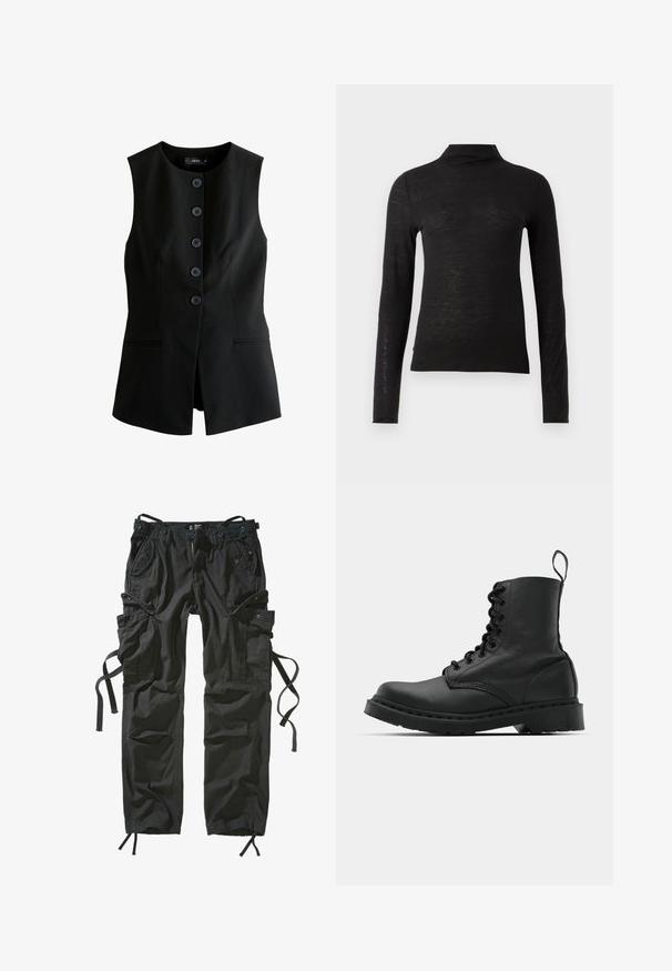 Gilet noir sans manches à boutons, encolure ronde et deux poches horizontales devant, coupe ajustée.; Haut noir à manches longues et col roulé en matériau texturé, avec une coupe ajustée et un design minimaliste sans motifs ni éléments matériels visibles.; Pantalons cargo noirs en tissu léger, avec plusieurs poches, des côtés à cordon de serrage, et une coupe décontractée avec des coutures renforcées.; Botte de combat en cuir noir avec un bout rond, un laçage à l'avant et une sangle au niveau de la cheville. Dispose d'une semelle en caoutchouc épaisse pour une durabilité optimale.