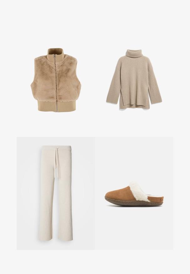 Gilet en fausse fourrure beige avec un col côtelé haut, fermeture éclair à l'avant et ourlet côtelé. Texture douce et coupe décontractée. Sans manches.; Pull en col roulé beige à côtes, avec une coupe décontractée, doté de manches longues et d'un ourlet fendu sur le côté, fabriqué en un tissu tricoté doux et texturé.; Pantalons larges beiges en tissu doux, dotés d'une taille élastique avec cordon de serrage et d fentes sur les côtés à l'ourlet.; Chausson en suède marron à enfiler avec une doublure blanche duveteuse et une semelle texturée. Présente un bord cousu et un petit détail de marque sur le talon.
