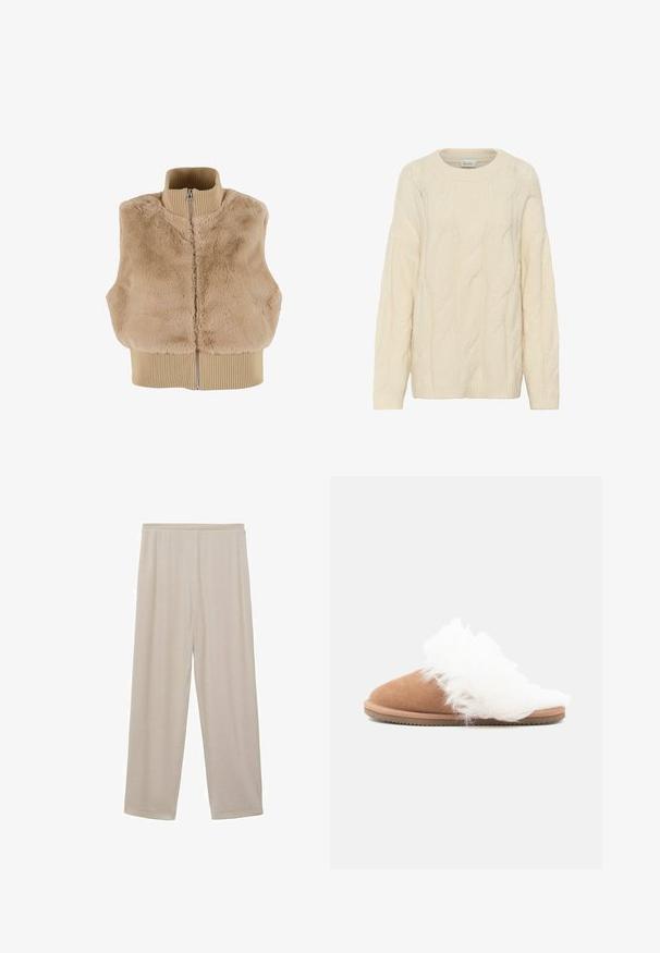 Gilet en fausse fourrure beige avec un col côtelé haut, fermeture éclair à l'avant et ourlet côtelé. Texture douce et coupe décontractée. Sans manches.; Pull crème en maille torsadée avec un col rond, des manches longues et des motifs texturés, fabriqué à partir d'un tissu en tricot doux et épais.; Pantalons en coton beige légers, avec une coupe droite, une taille élastique et une texture douce. Pas de motifs ni de matériel visible.; Mocassin en suede marron avec doublure en fourrure blanche et semelle crantée, présenté en profil latéral sur fond blanc.
