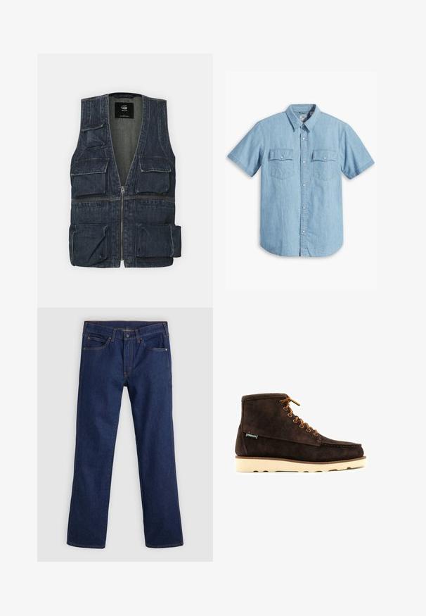 Denimvest med flere frontlommer, lynlås lukning og V-halsdesign. Farven er mørkeblå med en let tekstur.; Lyseblå kortærmet skjorte med knaplukning lavet af denim, med to brystlommer med lodret syning og en klassisk krave.; Mørkeblå straight-leg jeans med fem lommer, knap- og lynlåslukning, samt orange syninger på en lys baggrund.; Sebago TALA MID - Snørestøvletter - dark brown