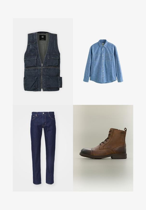 Gilet en jean avec plusieurs poches avant, un zip et un design en V. Couleur bleu foncé avec une légère texture.; Chemise chambray bleue à manches longues avec boutons sur le devant et deux poches poitrine, étalée à plat sur fond blanc.; Jean en denim bleu marine avec une coupe droite, une conception à cinq poches, des coutures orange contrastées et une fermeture à bouton en métal argenté à la taille.; Botte cheville en cuir marron à lacets avec bout noir, semelle ronde et détail de marque sur le côté sur fond uni.