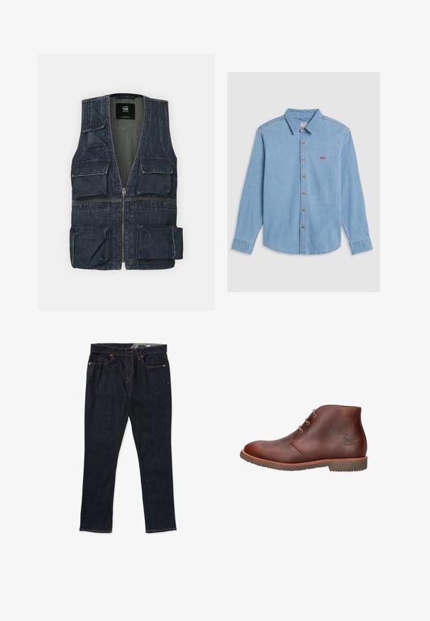 Denim jas met meerdere voorkruipzakken, een ritssluiting en een V-hals ontwerp. Kleur is donkerblauw met een lichte textuur.; Lichtblauwe denim shirt met lange mouwen, knoopsluiting aan de voorkant en een puntige kraag. Bevat bruine knopen en een kleine rode logopatch.; Donkerdenim jeans met een rechte pijp, oranje stiksels, vijf-pocketontwerp en een klassieke knoop- en ritssluiting.; Bruine leren enkellaars met drie oogjes voor veters, rubberen zool en een reliëflogo aan de zijkant.