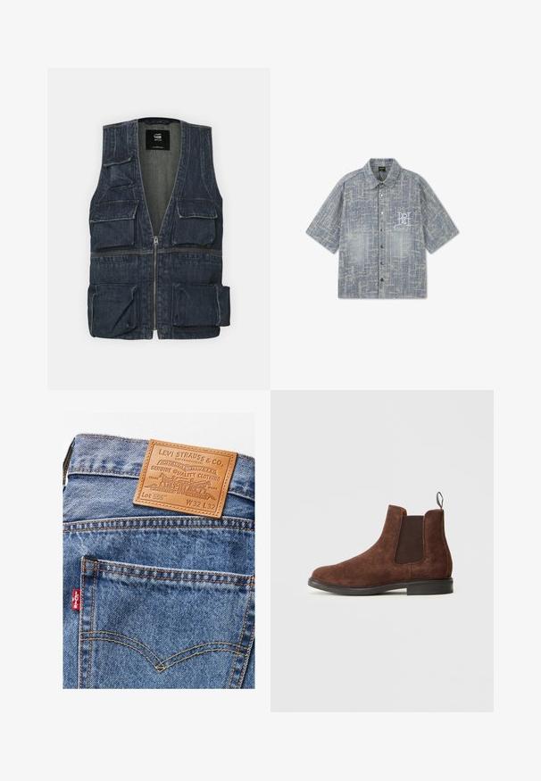 Denimvest med flere frontlommer, lynlås lukning og V-halsdesign. Farven er mørkeblå med en let tekstur.; Kortærmet skjorte med knapper og et tekstureret blåt og gråt mønster, brystlommer foran og hvide broderede initialer på venstre side.; Denimjeans med en lys blå vask, med en brun læderlap bagpå, orange syninger og et rødt logomærke på venstre lomme.; Brune ruskinds Chelsea-støvle med elastiske sidepaneler, en pull-tab og en sort sål. Glat tekstur med en rund tådesign.