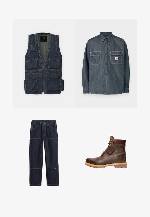 Gilet en jean avec plusieurs poches avant, un zip et un design en V. Couleur bleu foncé avec une légère texture.; Chemise en denim gris foncé à boutons, avec deux poches poitrine à boutons, surpiqûres blanches contrastantes, et une petite étiquette logo orange sur la poche droite.; Pantalons en denim bleu foncé avec des coutures doubles, un bouton frontal, des passants de ceinture et plusieurs poches à renfort sur les jambes.; Bottine en cuir marron avec un bout rond, une semelle robuste, des éléments en doré et un dessus texturé. Comprend une étiquette de logo attachée.