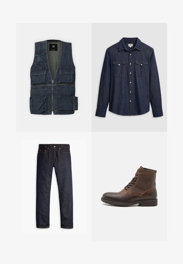Denim jas met meerdere voorkruipzakken, een ritssluiting en een V-hals ontwerp. Kleur is donkerblauw met een lichte textuur.; Donkerblauw denimhemd met een puntige kraag, drukknoopsluiting en borstzakken. Heeft stikseldetail en lange mouwen.; Donkerblauwe spijkerbroek met een rechte pasvorm, vijf zakken, koperen klinknagels, gele stiksels en een duidelijke textuur in de stof.; Jack & Jones JFWDELANEY BOOT - Veterboots - cognac