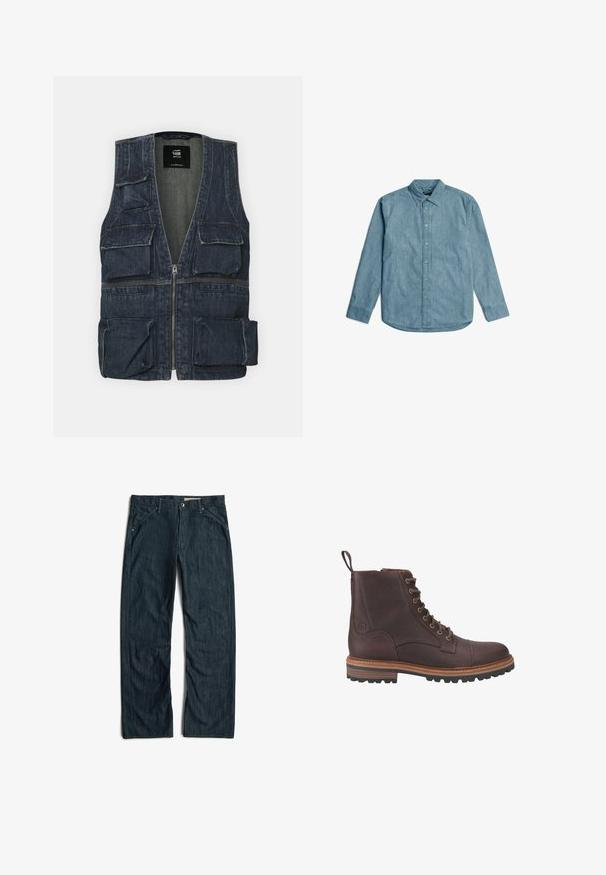 Denim jas met meerdere voorkruipzakken, een ritssluiting en een V-hals ontwerp. Kleur is donkerblauw met een lichte textuur.; Lichtblauwe denimikker met een button-down kraag, lange mouwen en een gebogen zoom. Heeft een subtiele textuur en een standaard knopenlijst.; Donkerblauwe rechte spijkerbroek met voorzakken, riemlussen en een knoopsluiting in de taille.; Bruine leren veterschoenen tot boven de enkel met een gestructureerde afwerking, contrasterende beige zolen en metalen veteroogjes. Voorzien van een trekkoordje voor gemakkelijk aan- en uittrekken.