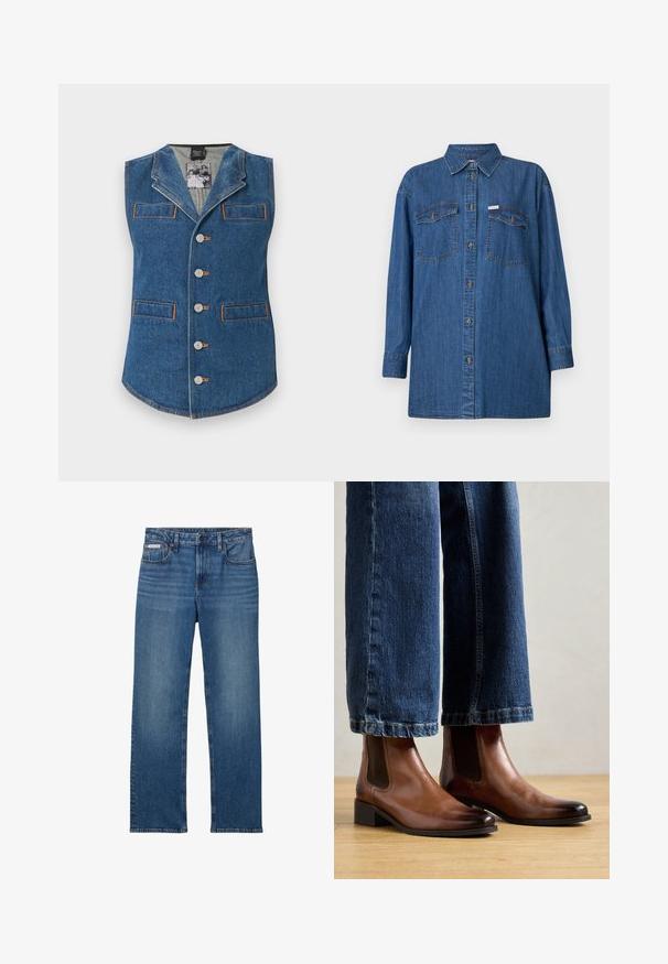 Denimweste mit kragen, fünf Knöpfen und zwei Vordertaschen. Mit kontrastierendem orangefarbenem Nähen auf blauem Stoff.; Jeanshemd, lange Ärmel, hellblau, zwei Brusttaschen, Knopfleiste, klassischer Kragen, strukturiertes Gewebe, entspannter Schnitt.; Blaue Straight-Leg-Denim-Jeans mit Gürtelschlaufen, Knopf- und Reißverschluss sowie vorderen und hinteren Taschen, mit kleinem Calvin Klein Label.; Braune Lederankelstiefel mit elastischen seitlichen Einsätzen, quadratischer Zehenform und niedrigem Blockabsatz, getragen mit blauen Jeans. Hartholzboden darunter.