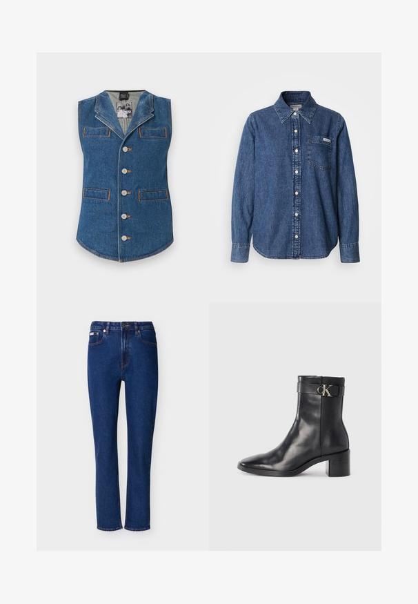 Denimvest med krave, fem knaplukninger og to forlommer. Har kontrastorange syninger på et blåt stof.; Blå denimskjorte med lange ærmer, knaplukning foran, krave, enkelt brystlomme og diskrete syningsdetaljer. Glat tekstur og afslappet pasform.; Mørkeblå denimjeans med en lige pasform, medium talje, fem-lomme-design og kontrastfuld orange syning over det hele.; Sort læder ankelstøvle med spids tå, blokhæl og en rem med en metallisk logo detalje. Glat tekstur og minimalistisk design.