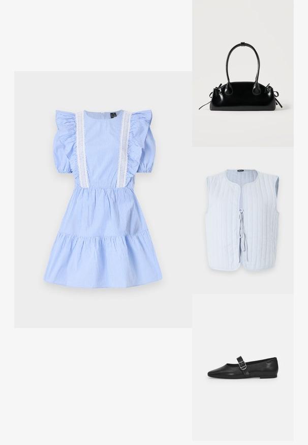 Helles blaues gepolstertes Weste mit rundem Halsausschnitt, ärmellosem Design und einer vorderen Krawattenöffnung. Der Stoff weist vertikale gesteppten Linien auf.; Blau-weiß gestreiftes Kleid mit kurzen Puffärmeln, Rüschendetails und Spitzenverzierungen an der Vorderseite, gestuftem Rockdesign.; Schwarzer Lederflatschuh mit runder Zehenform, einem verstellbaren Schnallenriemen und einer glatten, glänzenden Oberfläche. Minimalistisches Design mit einem niedrigen Absatz.; Kleine schwarze glänzende Handtasche mit zwei langen Griffen und seitlichen Kordelzug-Details vor einfachem hellem Hintergrund.