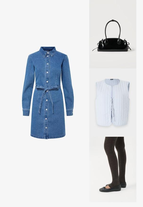 Helles blaues gepolstertes Weste mit rundem Halsausschnitt, ärmellosem Design und einer vorderen Krawattenöffnung. Der Stoff weist vertikale gesteppten Linien auf.; Denimkleid mit Kragen, langen Ärmeln, vorderem Knopfverschluss und gebundenem Taillengurt. Hat eine hellblaue Farbe und eine weiche Textur.; Beine in dunklen, gerippten Leggings kombiniert mit schwarzen Ballerinas mit kleinen Schleifendetails auf weißem Hintergrund.; Kleine schwarze glänzende Handtasche mit zwei langen Griffen und seitlichen Kordelzug-Details vor einfachem hellem Hintergrund.
